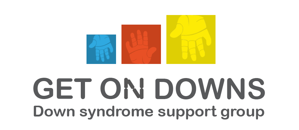Get On Downs logo — three coloured hand icons above the text Get On Downs, Down syndrome support group
